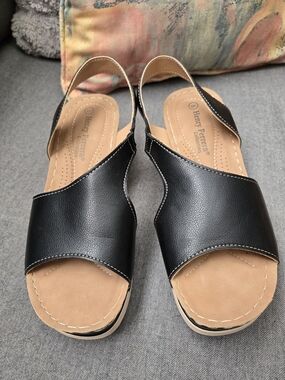 Henry Ferrera Black and Tan Open-Toe Slingback Sandals